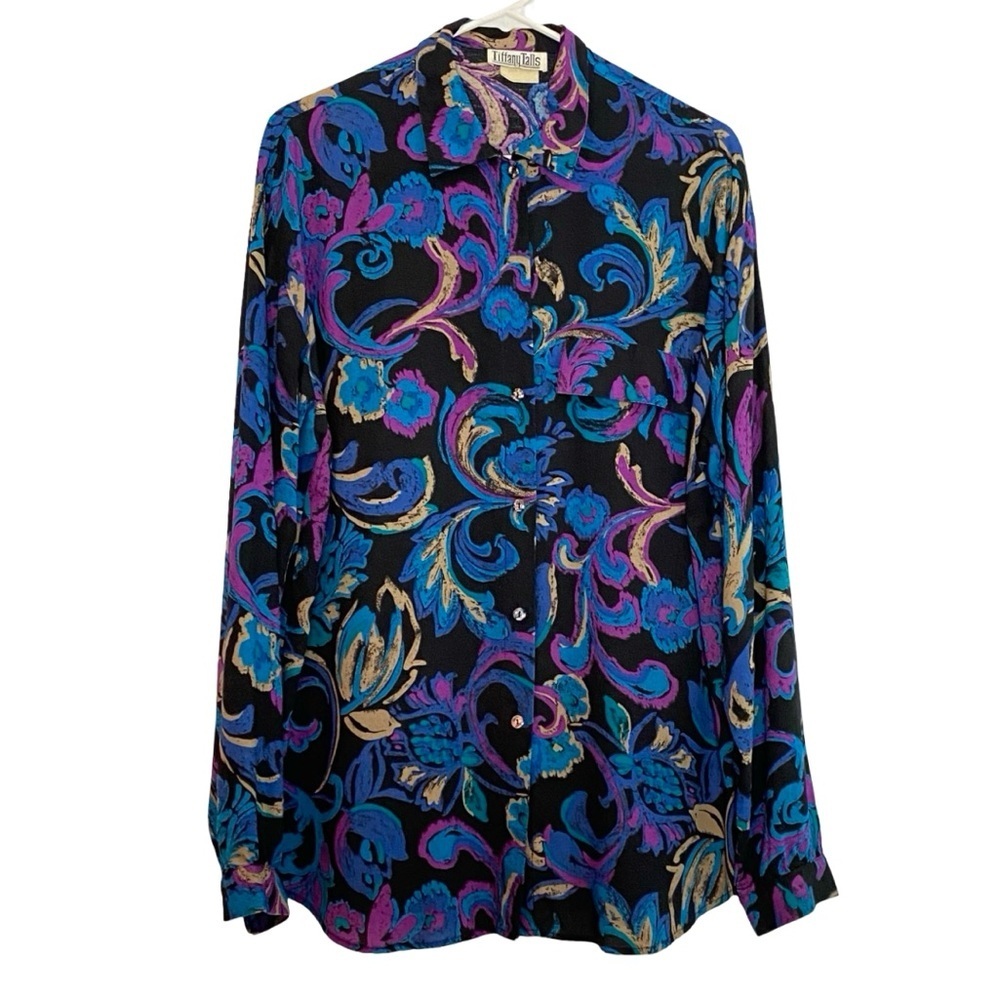 Vintage 80s 90s Button Down Shirt Blouse Womens Size 12 Large Floral Tunic Black
